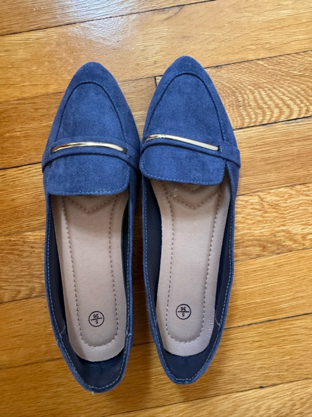 Suede Pointed-Toe Loafers in Navy with Gold Accent - Women's